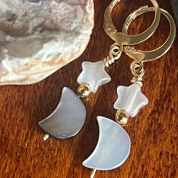 Handmade Jewelry - Moon and Star Earrings, Mother of Pearl, Celestial